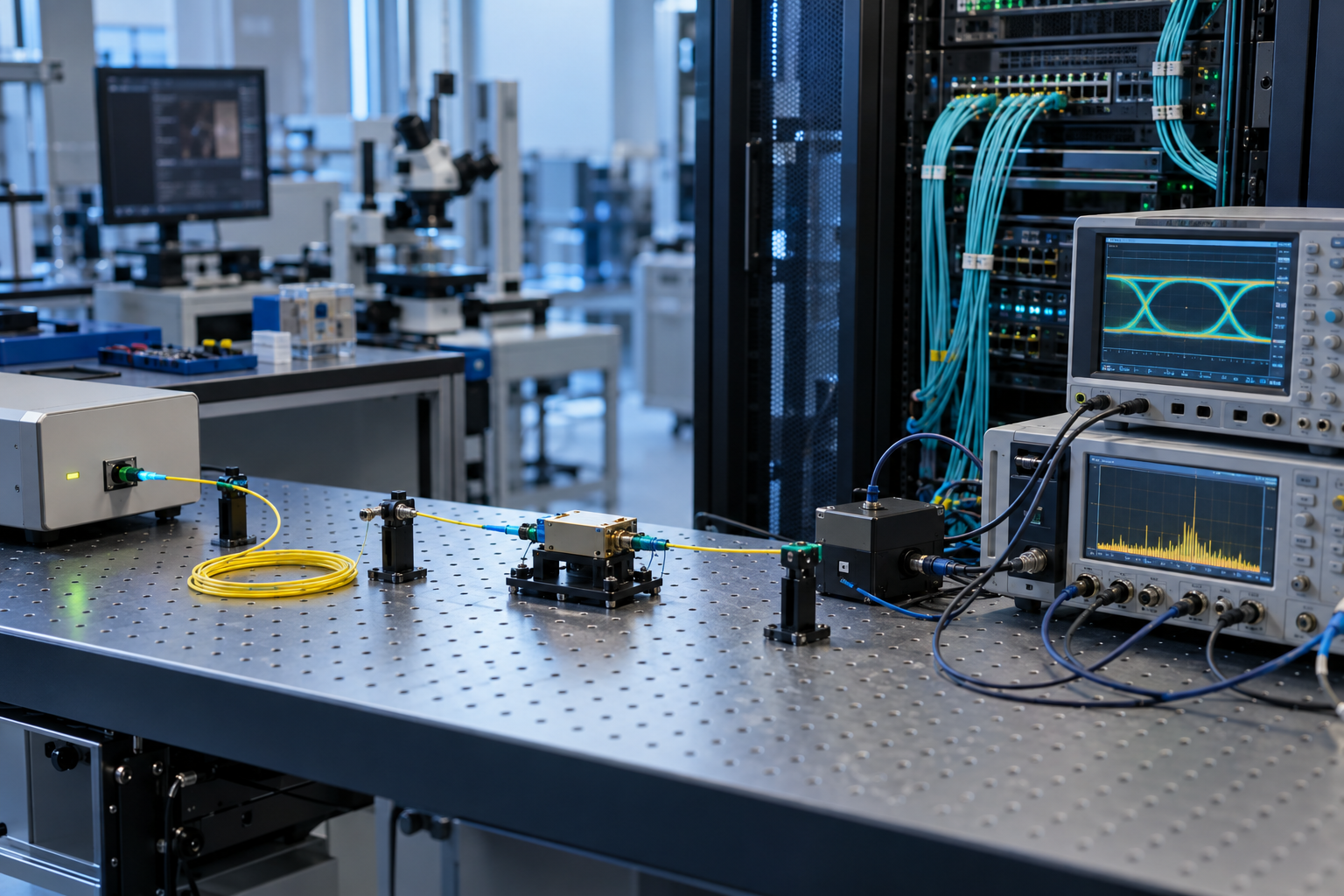 Generic photonics test bench linking fiber-optic components, measurement instruments, and data-center network hardware.